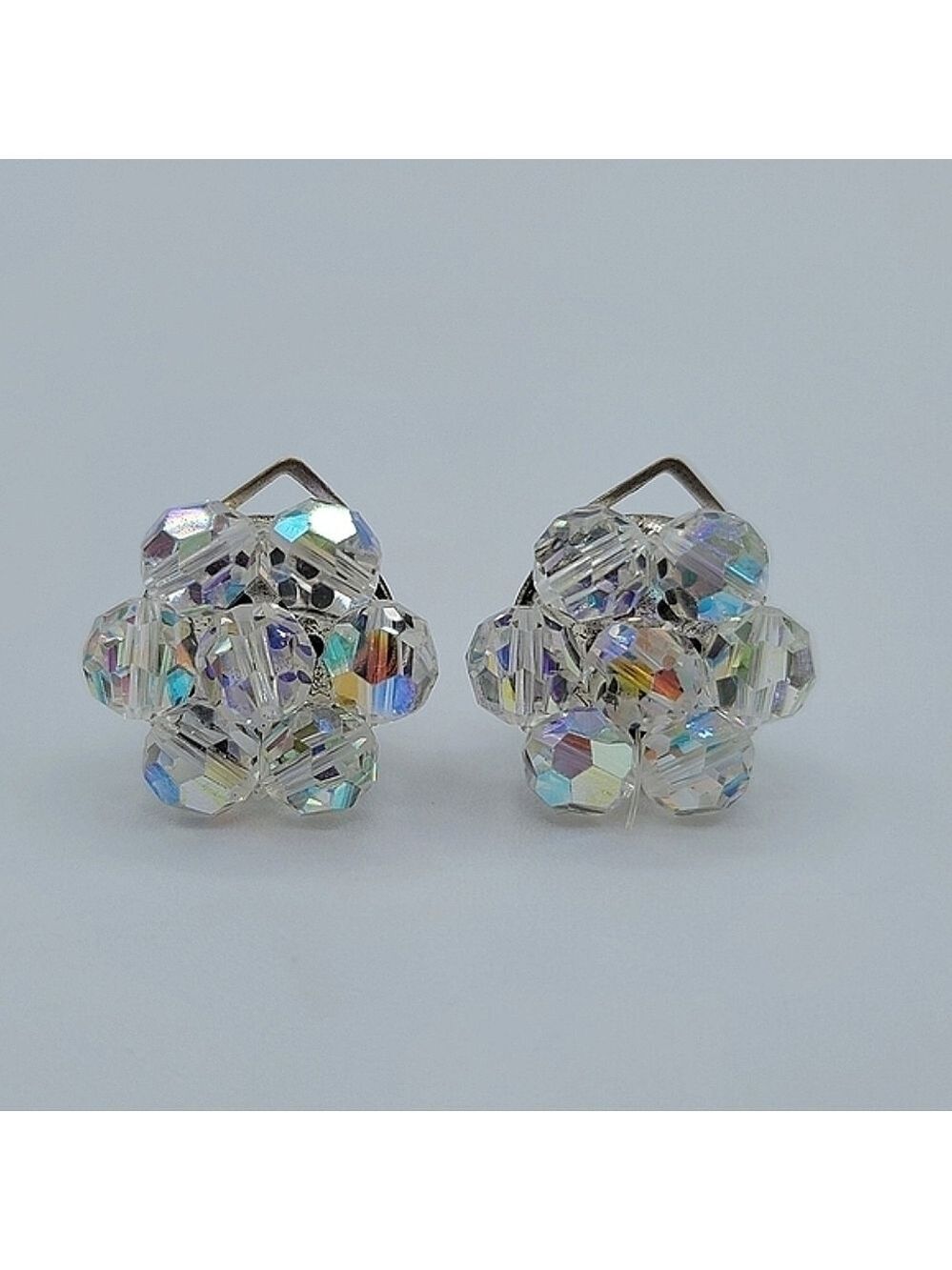 Vintage Crystal Aurora Borealis Clip Earrings Made In Italy #1209